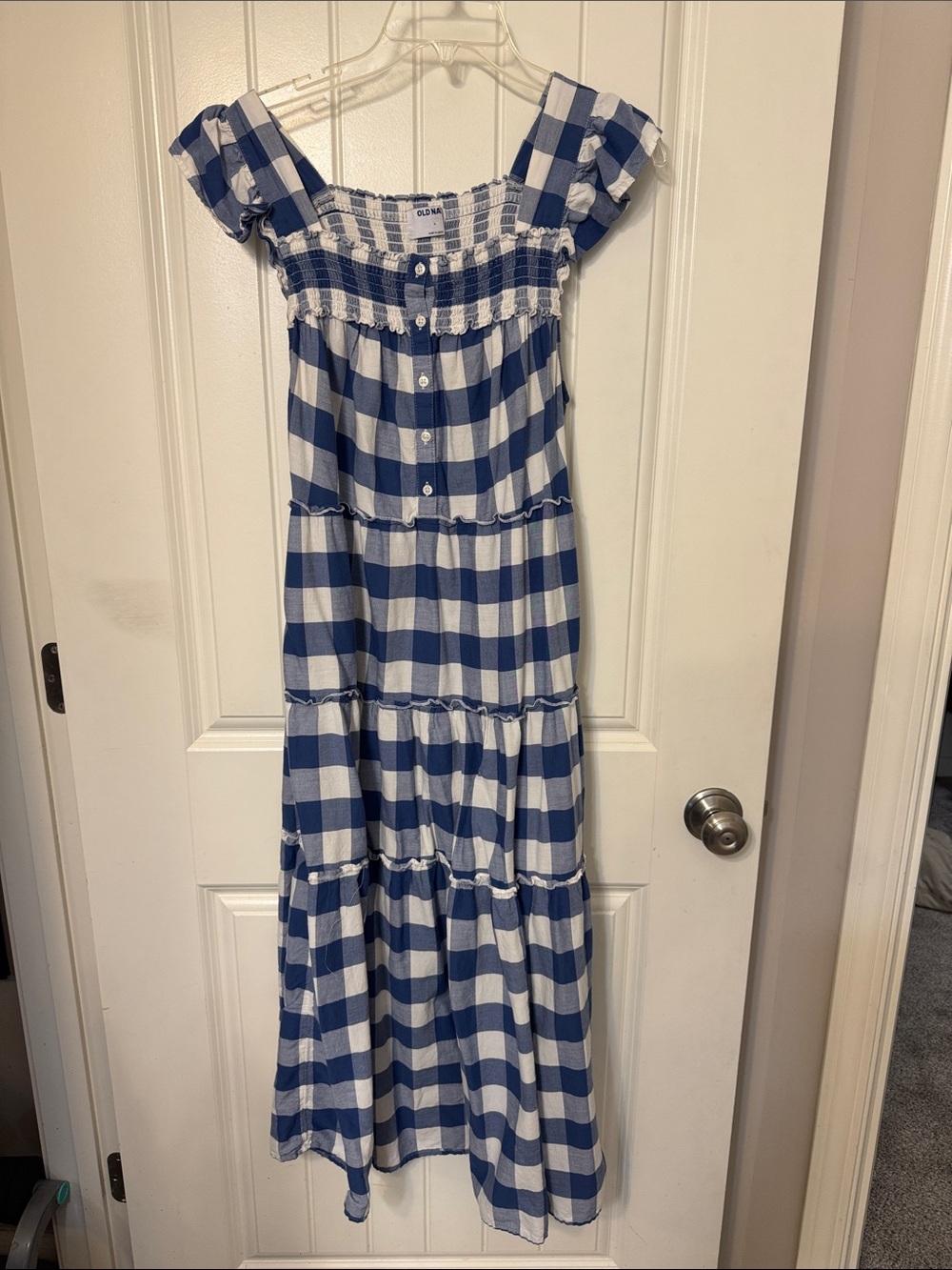 Old Navy Blue and White Gingham Tiered Dress with Flutter Straps